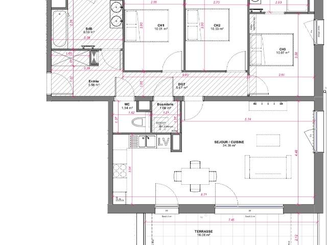 Appartement T4 neuf de 90,05 m2 avec terrasse de 16,06 m2 et cuisine équipée Lot 11