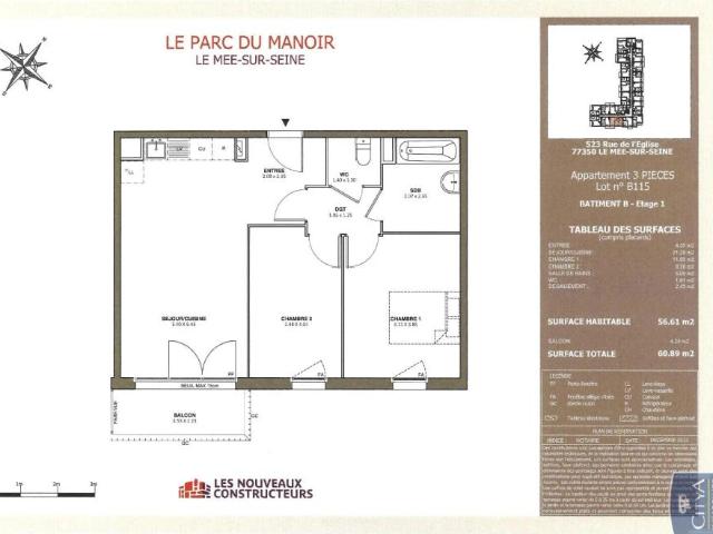 Appartement à louer 3 pièces 56.61m²