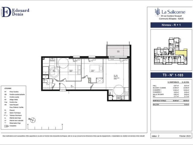 Appartement Etaples 3 pièces 58.4m² + balcon