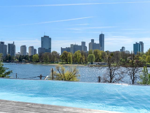 Architektenvilla mit Infinity Pool und Blick auf die Wiener Skyline