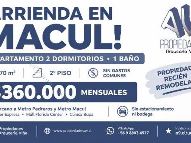 Arriendo Depto 2d 1b 70mt2 Comuna Macul RM $360.000