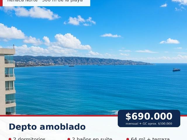 Arriendo depto amoblado 2d 2b en suite reñaca norte, vista al mar