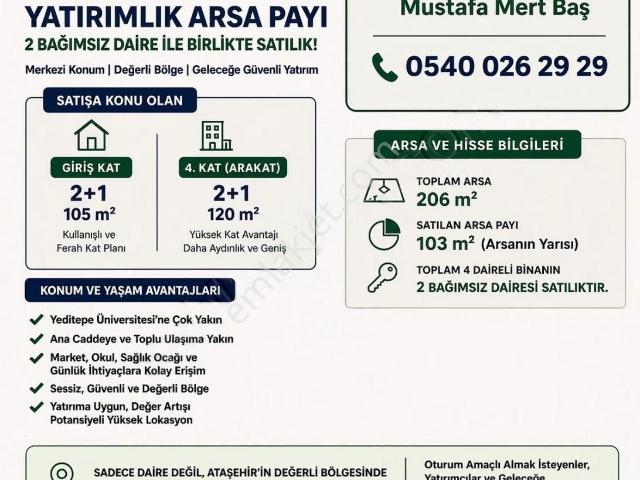 Ataşehir Kayışdağı Arsa Paylı 2 Daire Fırsat 206/103 Yarı Sizin