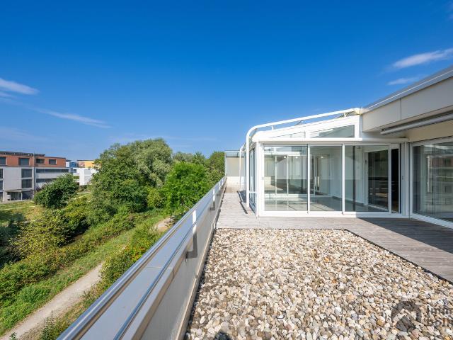 Attika: Lichtdurchflutetes Wohnen mit Dachterrasse und Blick ins Grüne