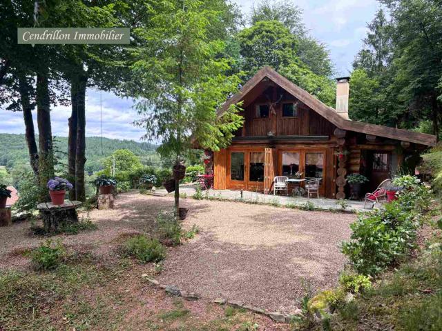 Authentique chalet en rondins de 120m2, dépendance en pierre de 50m2, et terrain boisé de 1599m2. Vendu equipé