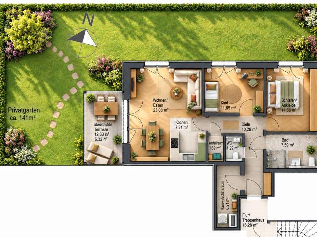 Barrierefreie 3 Zimmer EG Wohnung, 91 m², 141 m² Privatgarten, überdachte Westterrasse