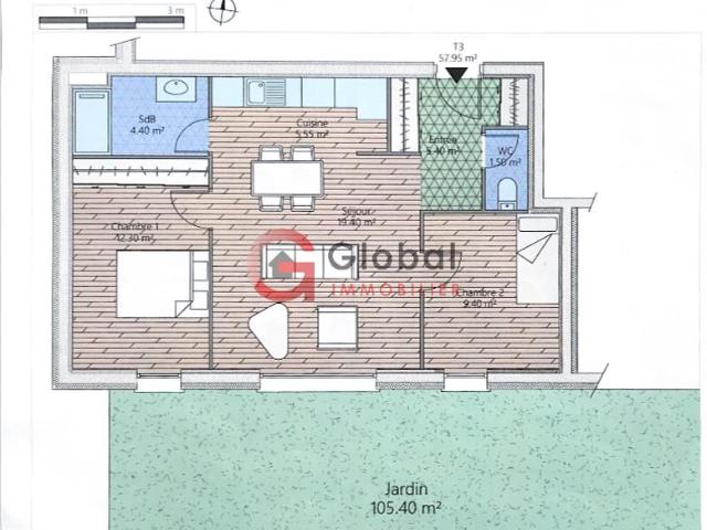 Beau T3 moderne en Rez de jardin