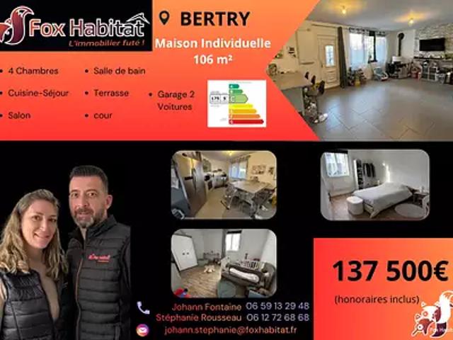 Bertry 59980 Achat / Vente maison 5 pièces t5 terrasse