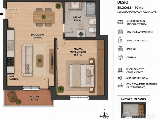 Bilocale con balcone e cantina a Desio
