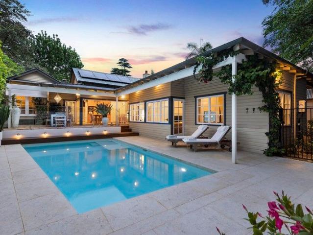 Carefully composed poolside escape, stroll to village amenities