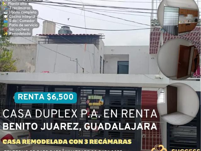 Casa Dúplex en Renta – Planta Alta, Col. Benito Juárez, Guadalajara