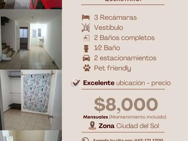 Casa en renta en mision del mayorazgo qro 3 recamaras 1