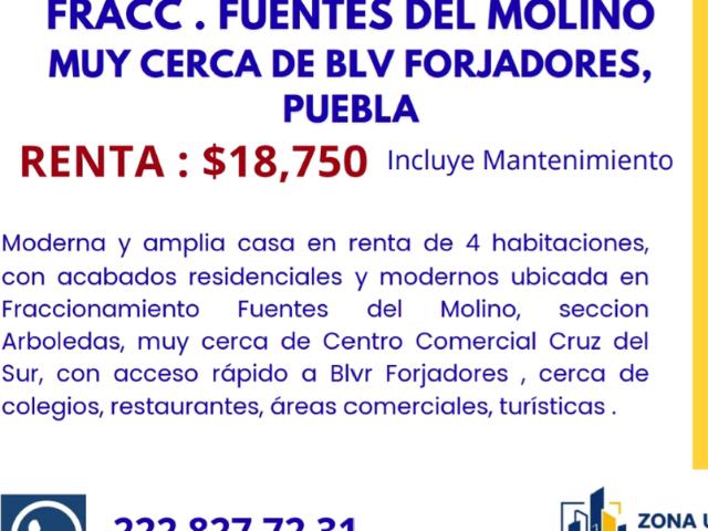 Casa en renta Fuentes Del Molino Sección Arboledas, San Juan Cuautlancingo, Puebla, México