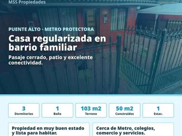 Casa 3 Dorm Pasaje Cerrado Metro Protectora Puente Alto | 3 dormitorios por 95000. 00 en Puente Alto