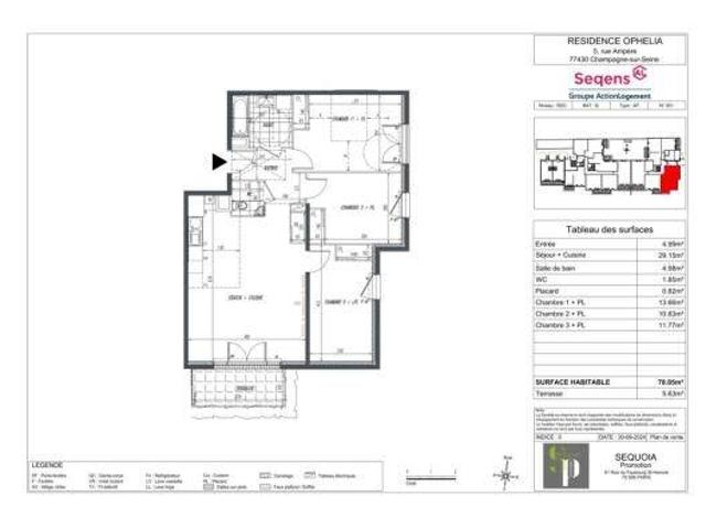 CHAMPAGNE SUR SEINE Appartement 3 pièces 66.55m2 au 1er étage a