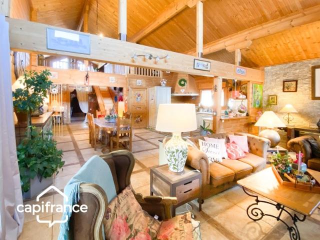 01300 CUZIEU MAISON BOIS MASSIF TYPE CHALET, 146 m²,PLAIN PIED TERRASSE, GARAGE,PISCINE, TERRAIN 1100 M2