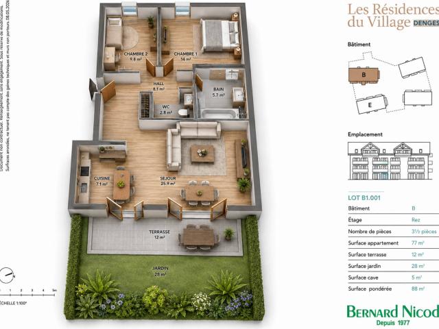 Denges – Gartenebene mit 3,5 Zimmern – 88 m² mit einer Terrasse von 12 m² und einem Garten von 28 m²