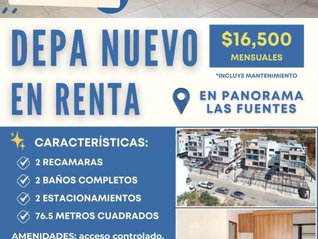 Depa nuevo en renta en panorama las fuentes 2 recamaras
