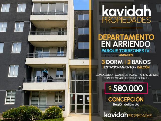 Departamento en arriendo 3d 2b 1e parque torreones, andalién