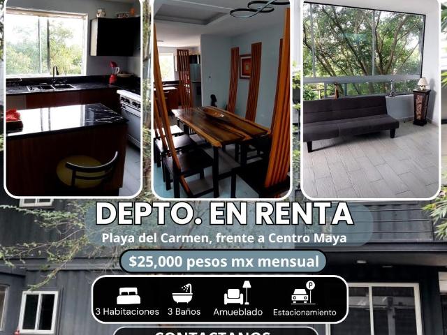 Departamento en renta en Playa del Carmen de tres habitacione y tres ba?os completos