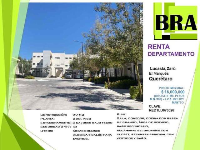 Departamento en renta Lucasta Residencial, Circuito Jacaranda, Fraccionamiento Zarú, Querétaro, México