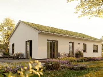 Der Bungalow mit Gründach im Neubaugebiet Helpup
