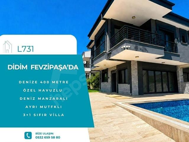 DİDİM FEVZİPAŞA'DA SATILIK HAVUZLU SIFIR 3+1 VİLLA DENİZE 400 METRE DENİZ MANZARALI