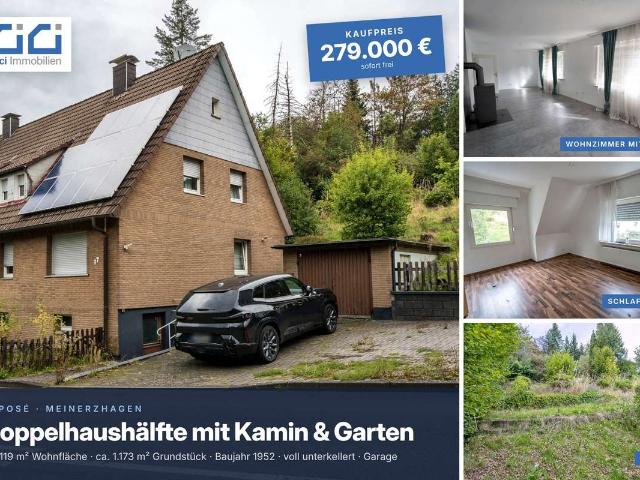 Doppelhaushälfte mit Kaminofen, Garage & ca. 1.173 m² Garten in Meinerzhagen – sofort frei