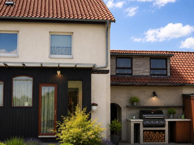 Doppelhaushälfte mit schöner überdachter Steinterrasse und Garten mit Grillplatz