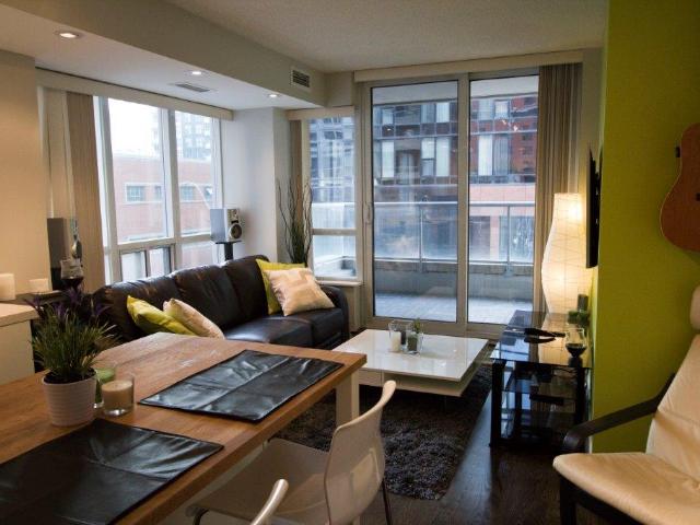 Downtown Toronto Furnished Condo Rental at ICON1 Stylish 1 Bedroom Suite with Balcony, A/C, and Hardwood Floors