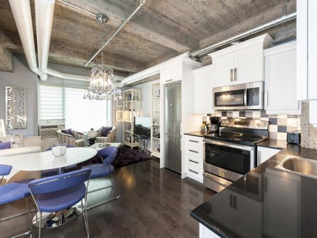 Downtown Montreal Furnished Condo Rental at RHYTME Condos Fashionable 1 Bedroom Condo with High Ceilings and Purple Accents