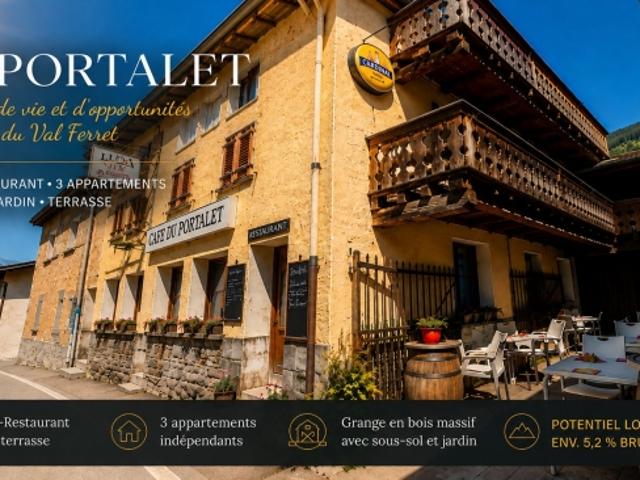 Gemischt genutztes Gebäude im Herzen von Val Ferret – Café Restaurant, 3 Wohnungen, Scheune und Garten
