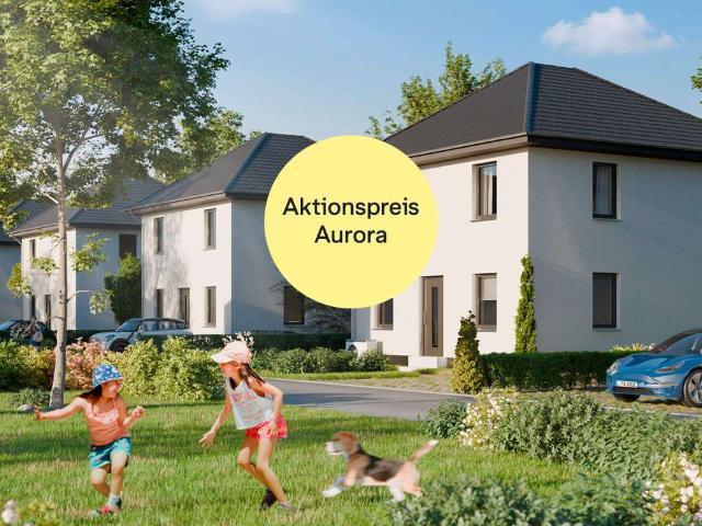 Einfamilienhaus Aurora mit gepflasterte Gartenterrasse und zwei Parkplätzen