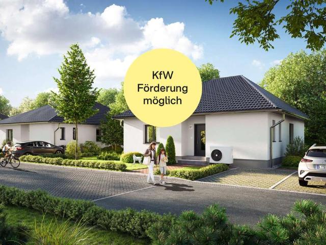 Einfamilienhaus im Bungalowstil mit gepflasterte Gartenterrasse und zwei Parkplätzen