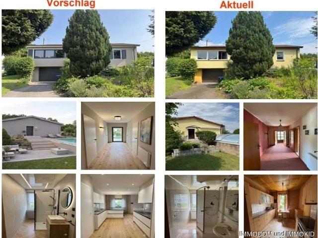 Einfamilienhaus im Bungalowstil mit Pool, Einbauküche, Kamin und Vollkeller in schöner Lage zu verka