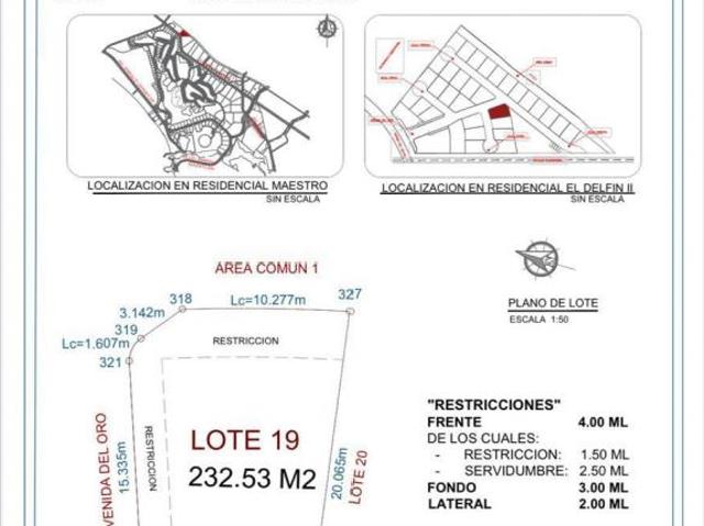 VENTA DE TERRENO EN MAZATLAN, 233 M2 DE SUPERFICIE, EN ESQUINA, ENSEGUIDA DE ALBERCA EN EL DELFIN II