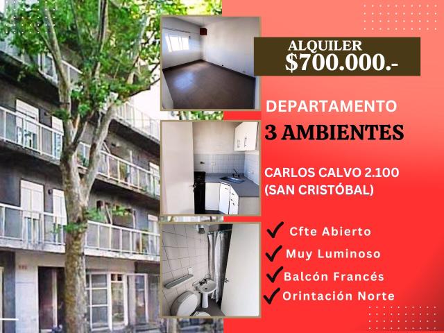 En Alquiler,3 Ambientes, $700.000. Carlos Calvo 2.100,Cfte Abierto, Muy Luminoso