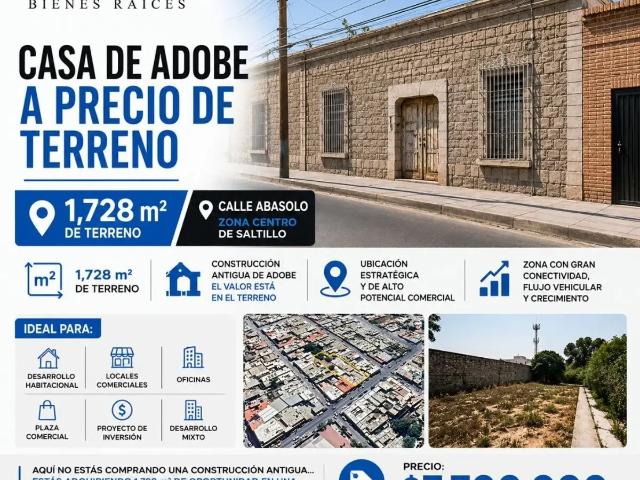 ? EN EL CENTRO DE SALTILLO 1,728 m²? ? Calle Abasolo Lo que hoy es difícil encontrar en el Centro