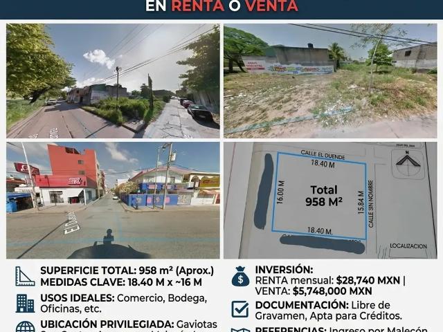EN RENTA O VENTA Terreno estratégico en Villahermosa Centro Renta: $28,740 | Venta: $5,748,000