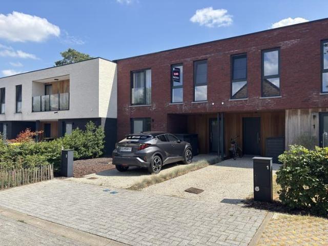 Energiezuinige nieuwbouwwoning met zonrijke tuin en autos.