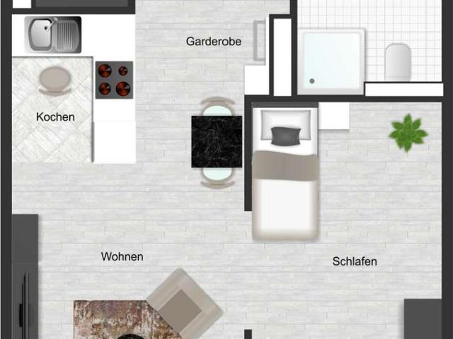 Erdgeschoss kleine Wohnung mit WC, Dusche und Stellplatz plus TG