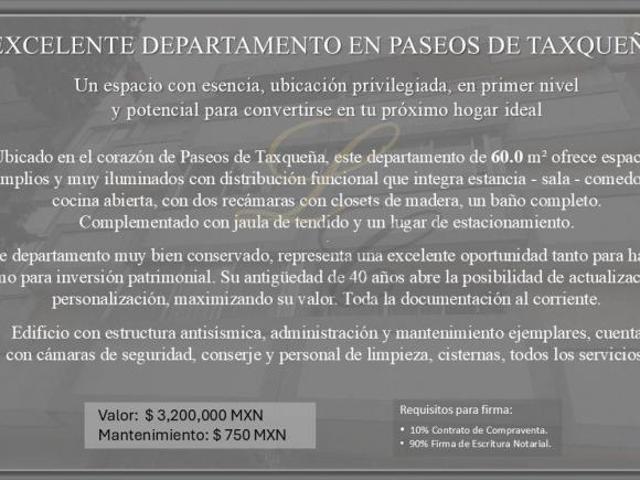 EXCELENTE DEPARTAMENTO EN PASEOS DE TAXQUEÑA