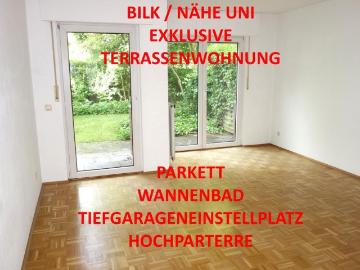 EXKLUSIV BILK NÄHE UNI HELL + RUHIG ERDGESCHOSS MIT TERRASSE KOMPLETT PARKETT WANNENBAD TG STELLPL