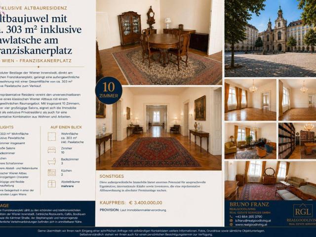 Exklusive Altbauresidenz mit ca. 303 m² am Franziskanerplatz – Wohnen in einer der schönsten Lagen Wiens