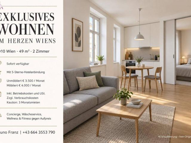 EXKLUSIVES WOHNEN IM HERZEN WIENS 49 m², 2 ZIMMER, 5 STERNE HOTELSERVICE, SOFORT VERFÜGBAR