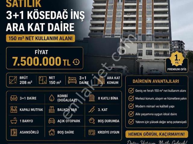 Eyg`den Kızılcıklı Satılık Ara Kat 3+1 Kösedağ İnş 150 Net