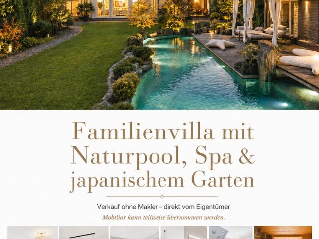 Familienvilla mit Naturpool, Spa und japanischem Garten