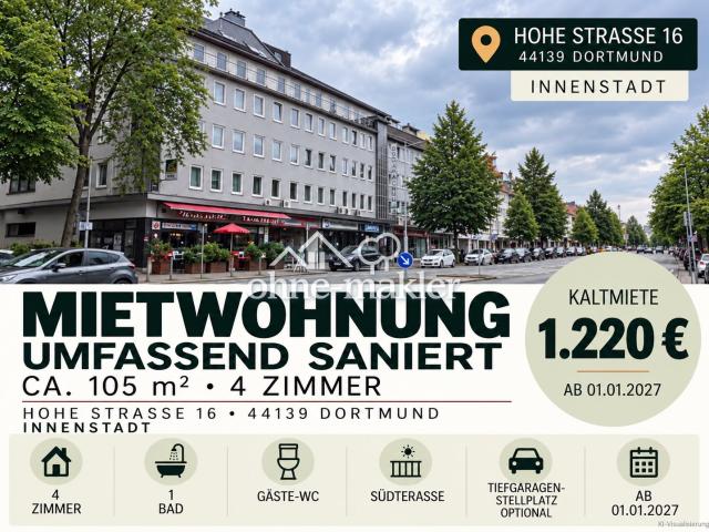 Frisch sanierte 4 Zimmer Wohnung mit Süd Dachterrasse – 105 m² in zentraler Dortmunder Lage