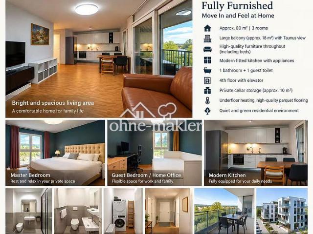 Fully Furnished 3 Room Modern Apartment with Large Balcony and Taunus Views in Oberursel