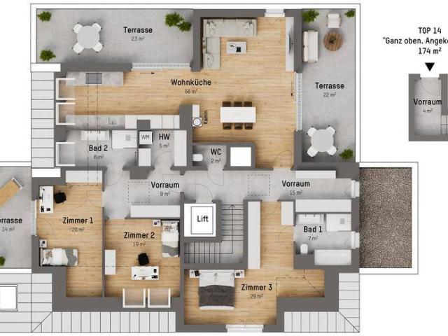 Ganz oben. Angekommen: Premium Penthouse mit 4 Zimmern und 3 Terrassen im 2. DG